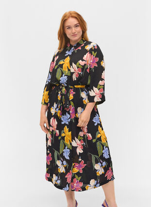 Midi-jurk met 3/4 mouwen en print, Big Flower AOP, Model image number 0
