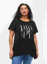 T-shirt van katoen met tekstopdruk, Black HAPPY, Model