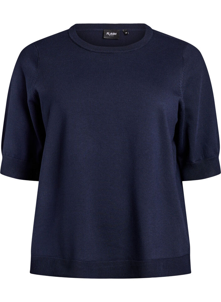 FLASH - Fijngebreide blouse met korte mouwen, Blauw, Packshot image number 0