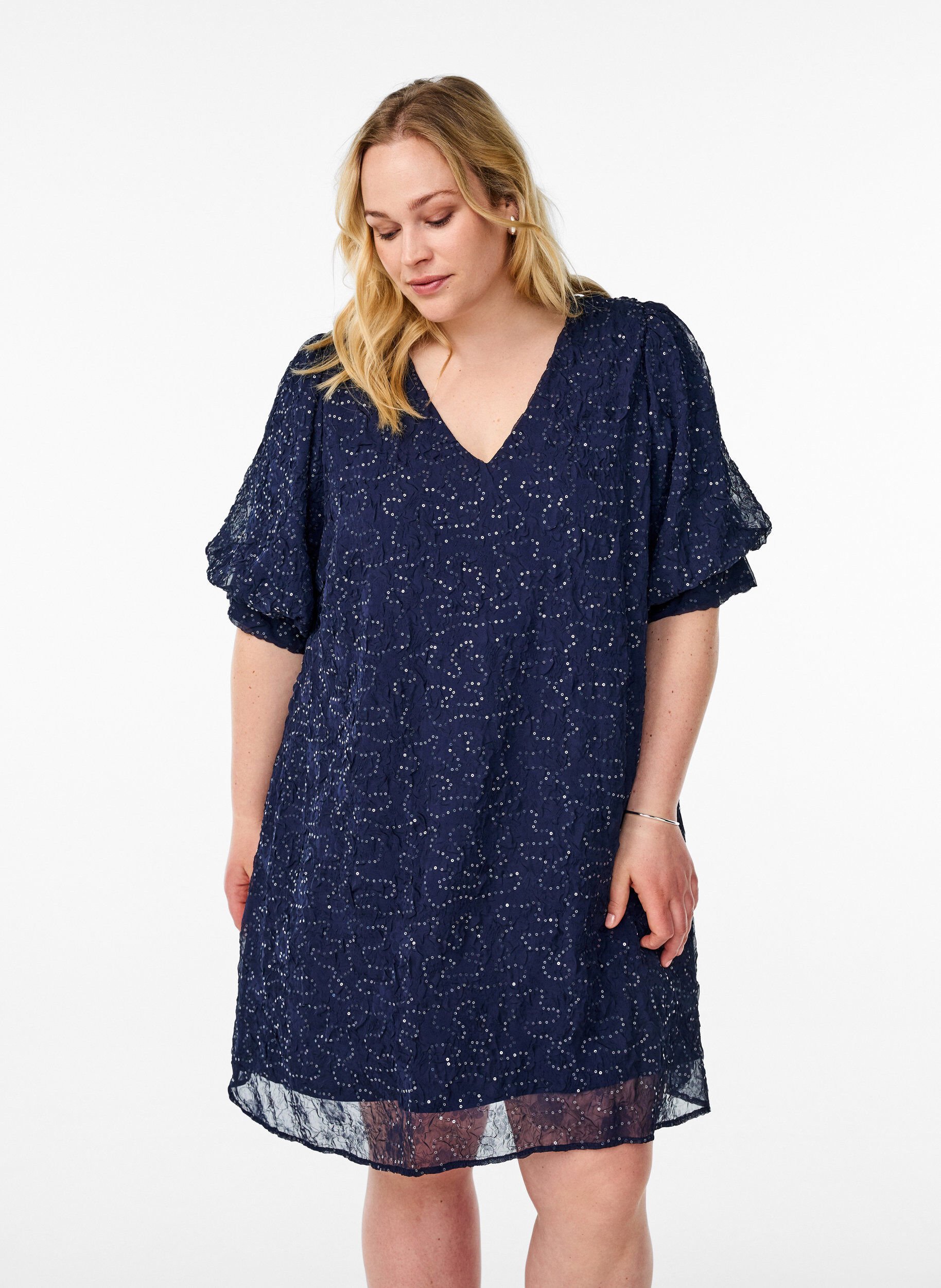 Korte feestjurk met pailletten, Blauw, Model