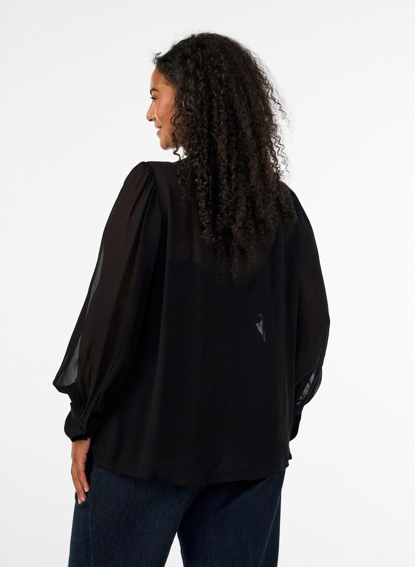 Viscose blouse met een ruchekraag, Zwart, Model image number 2