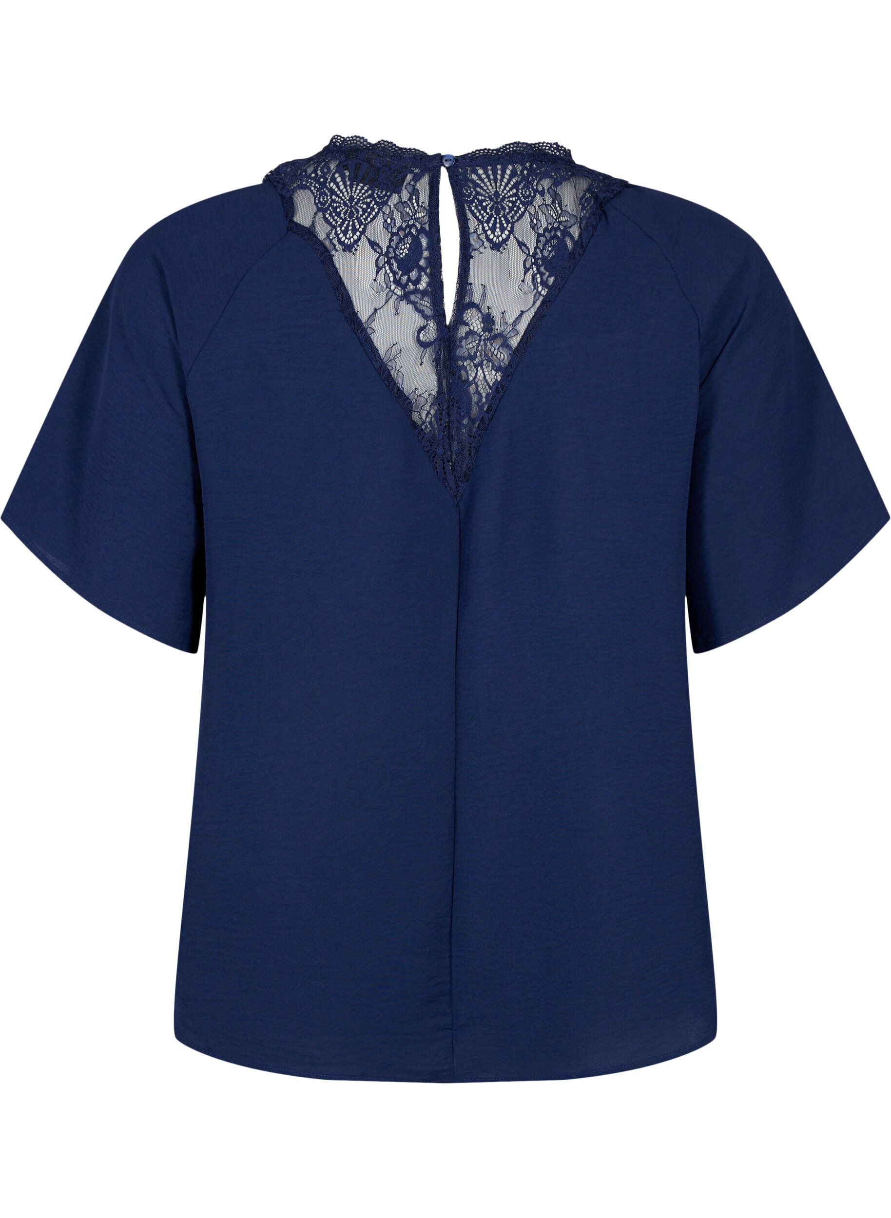 Zizzi Blouse met korte mouwen en kant , Navy Blazer, Packshot image number 1