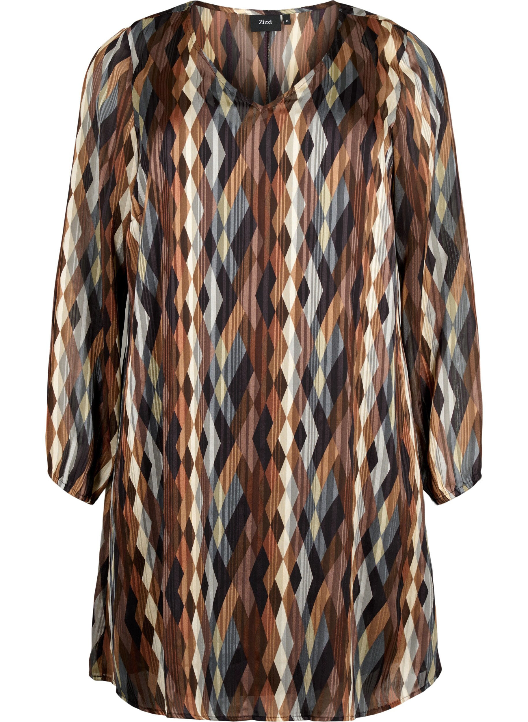 Zizzi Jurk met lange mouwen, V-hals en print, Earthy Zig Zag, Packshot image number 0