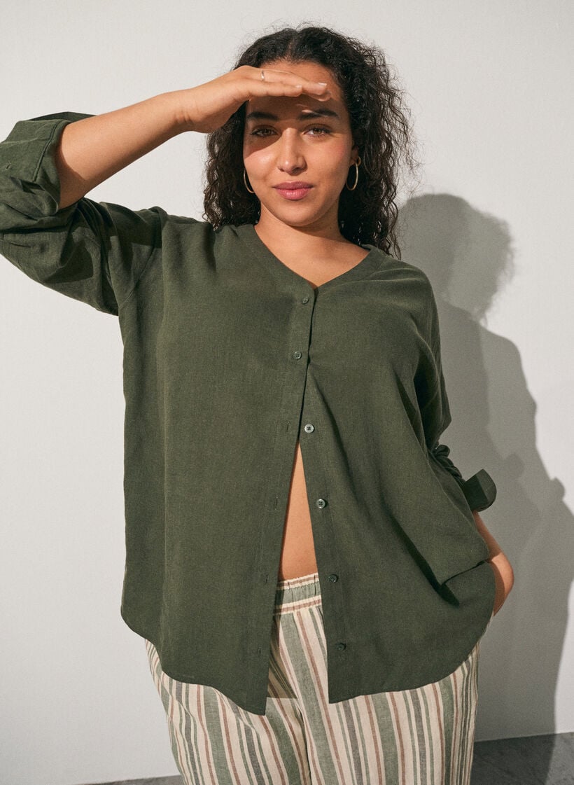 Blouse in linnen en viscose met V-hals, Groen, Image image number 0