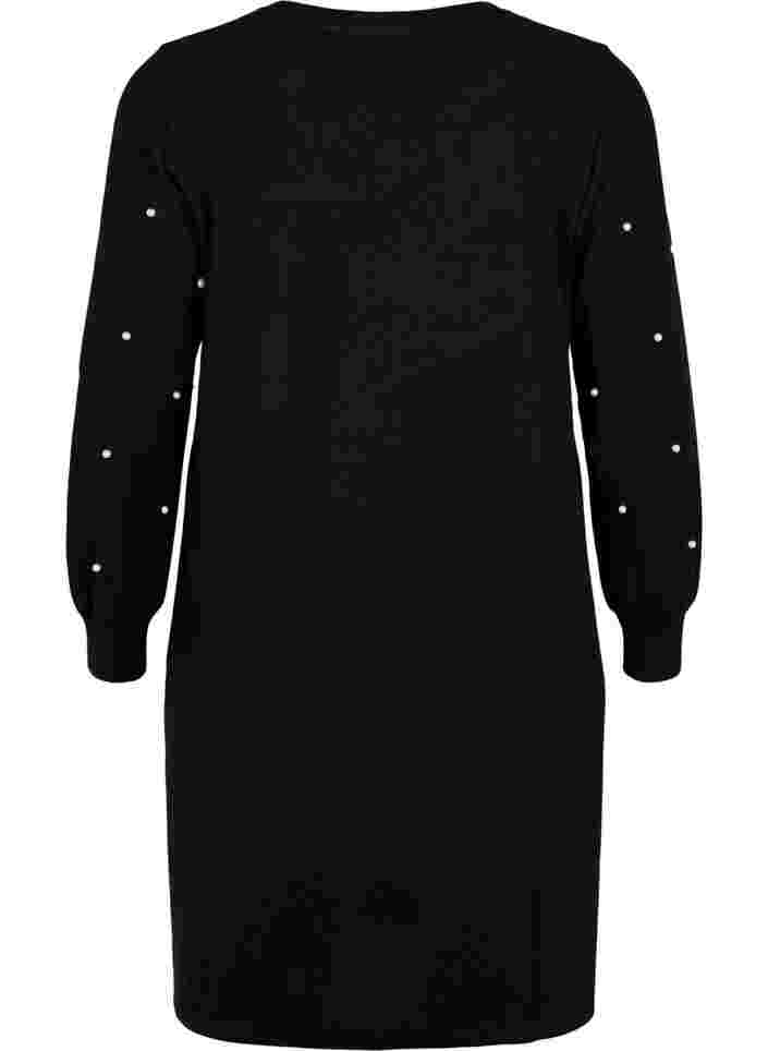 Jurk met lange mouwen en parelmoeren details, Black, Packshot image number 1