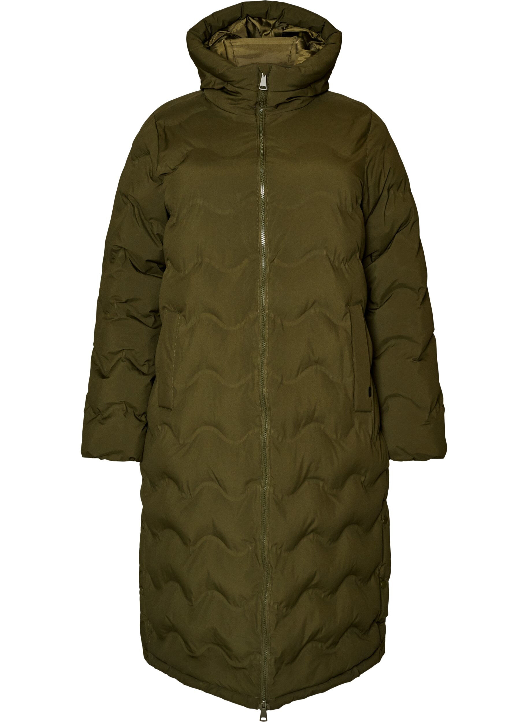 ZizziLange gewatteerde jas met capuchon en een golfpatroon, Groen, Packshot image number 0