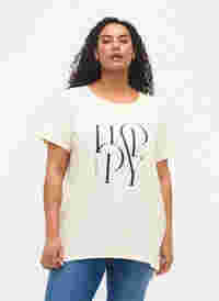 T-shirt van katoen met tekstopdruk, Buttercream HAPPY, Model