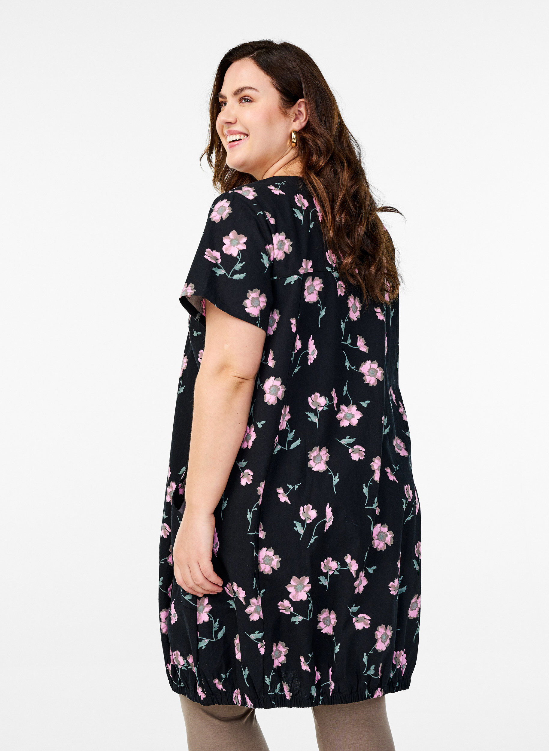 ZizziKatoenen jurk met korte mouwen en print, Zwart, Model image number 2