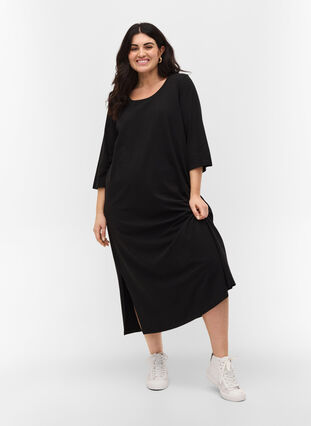 Katoenen midi-jurk met split, Black, Model image number 0