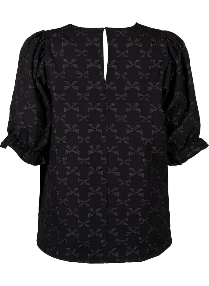 Jacquard blouse met korte mouwen en strikjes, Black W. Bow, Packshot image number 1