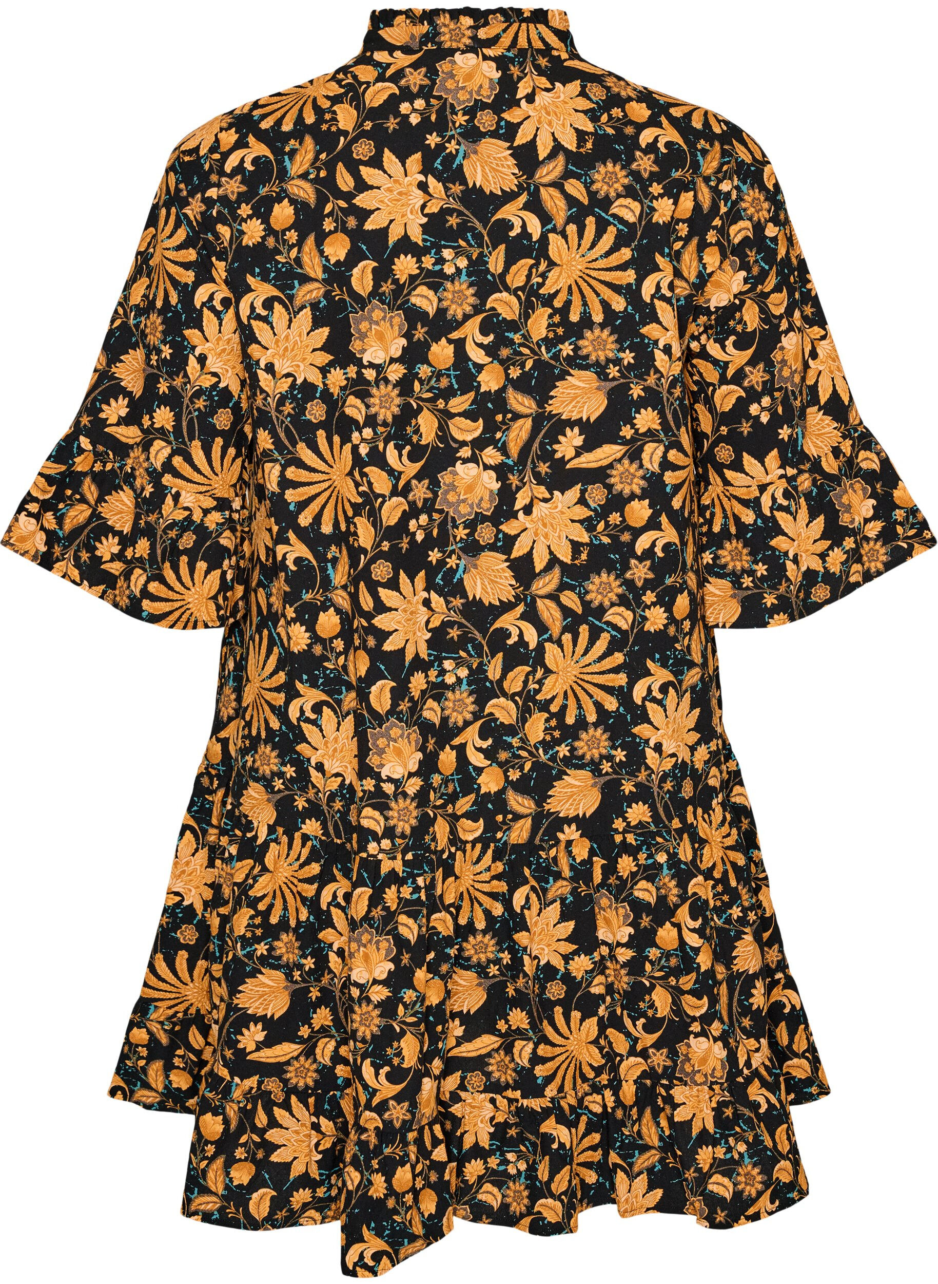 ZizziKatoenen bloemenjurk met ruchedetails en een losse A-lijn vorm, Oranje, Packshot image number 1