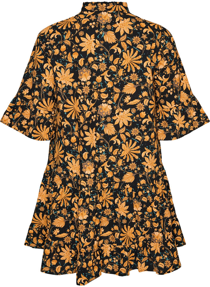 Katoenen bloemenjurk met ruchedetails en een losse A-lijn vorm, Oranje, Packshot image number 1