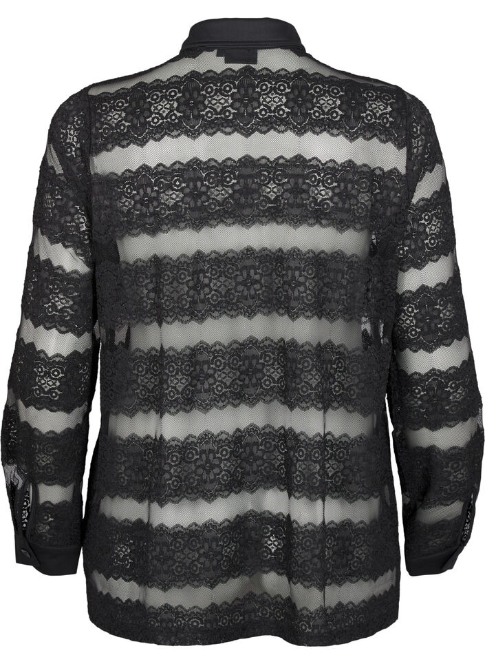 Losse blouse met kant en doorschijnend mesh, Black, Packshot image number 1