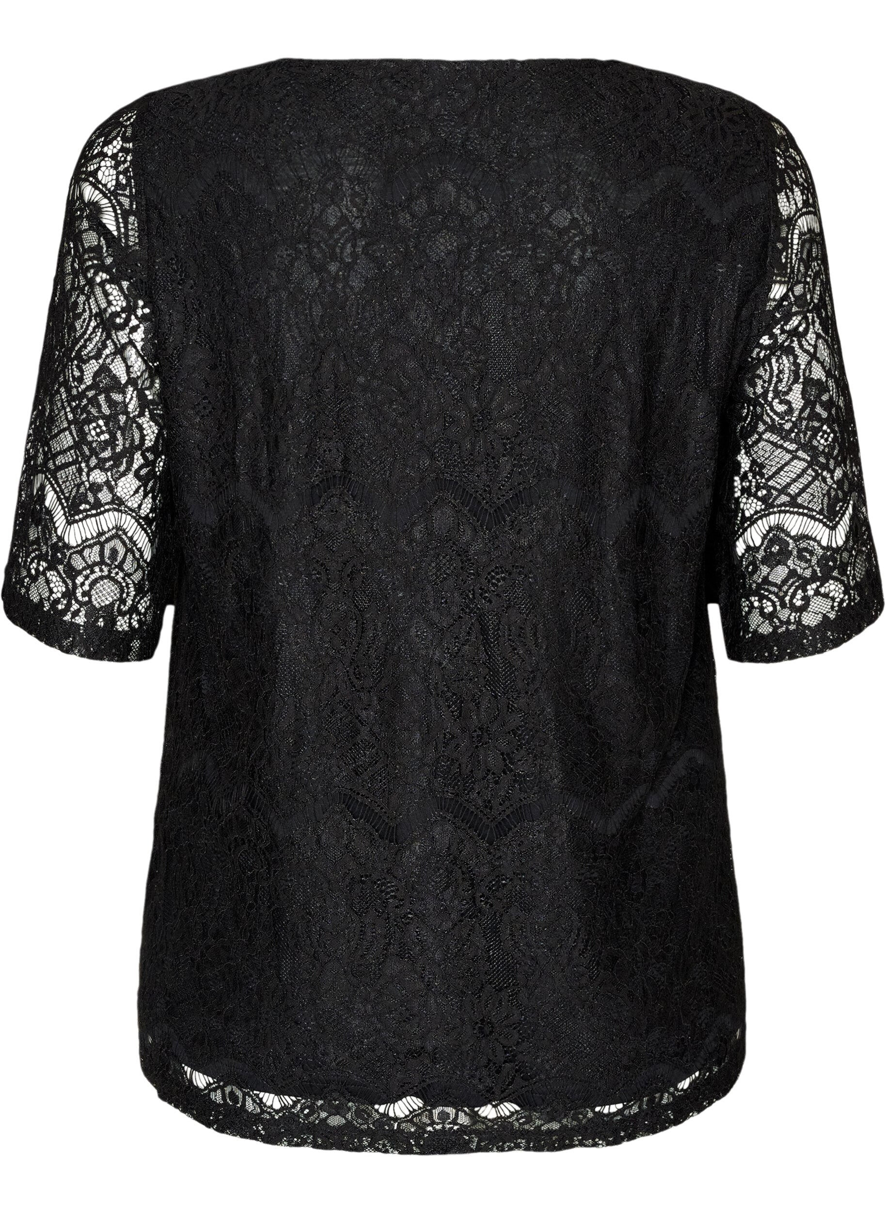 ZizziKanten blouse met decoratieve knopen, Zwart, Packshot image number 1