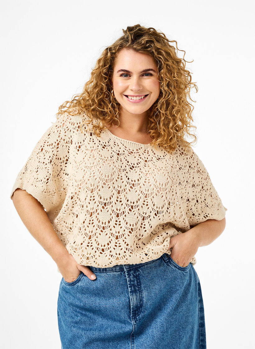 Gebreide blouse met korte vleermuismouwen, Beige, Model image number 0