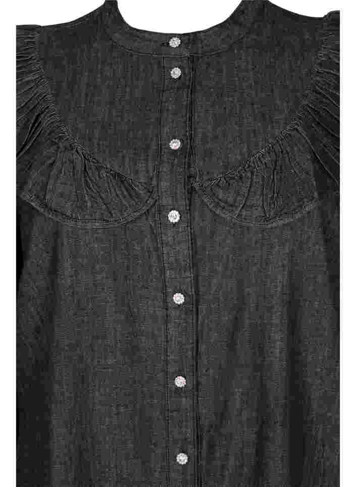 Denim jurk met imitatie knopen en ruches, Black Washed, Packshot image number 2