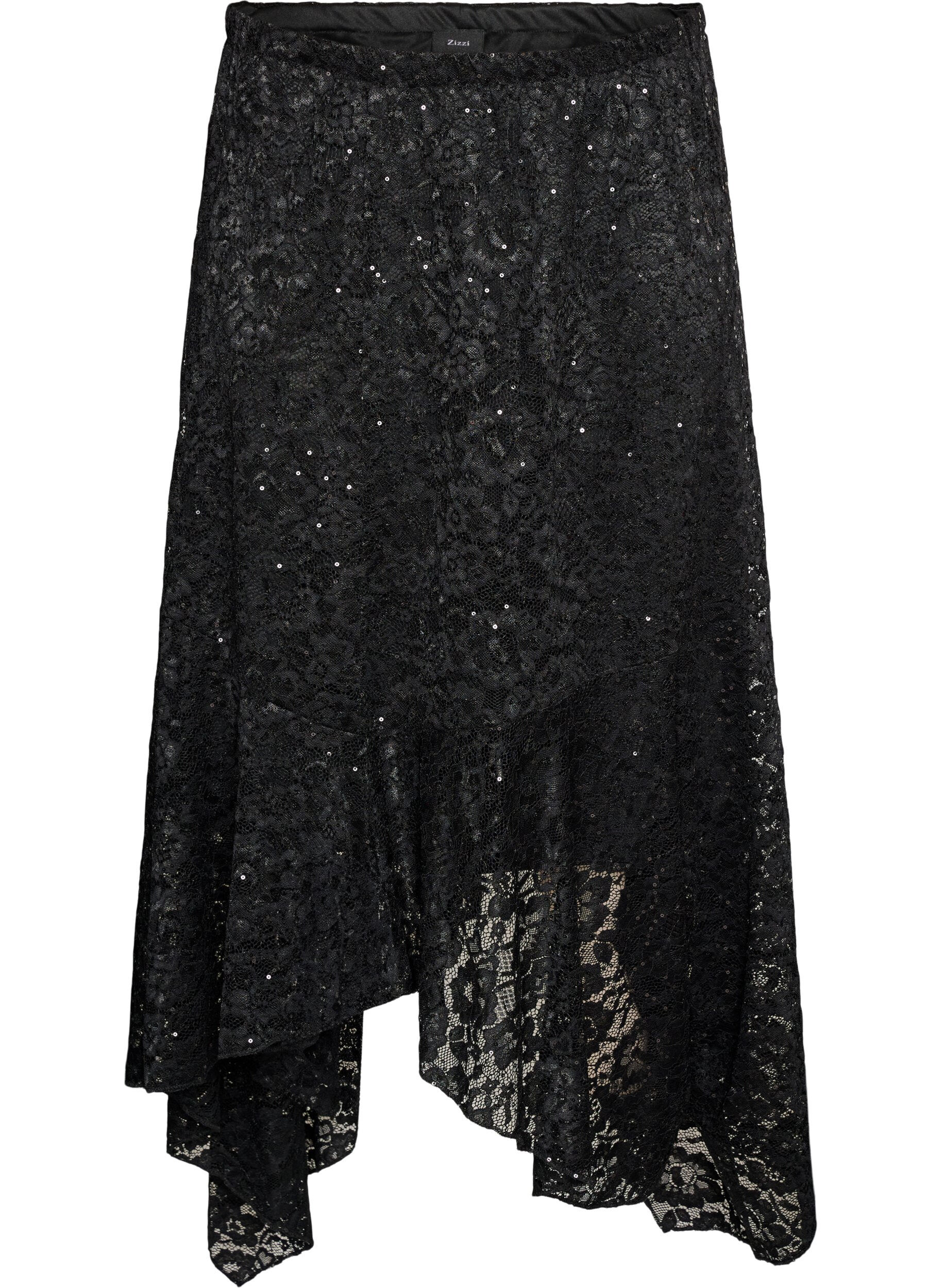 ZizziKanten midirok met pailletten, Zwart, Packshot image number 0