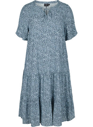 Viscose jurk met print en korte mouwen, Blue Flower Mix, Packshot image number 0