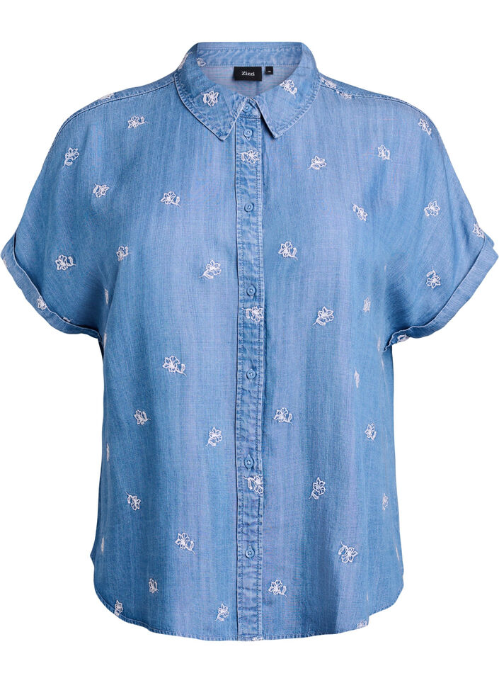 Denimlook lyocell shirt met bloemenborduursel, Blauw, Packshot image number 0