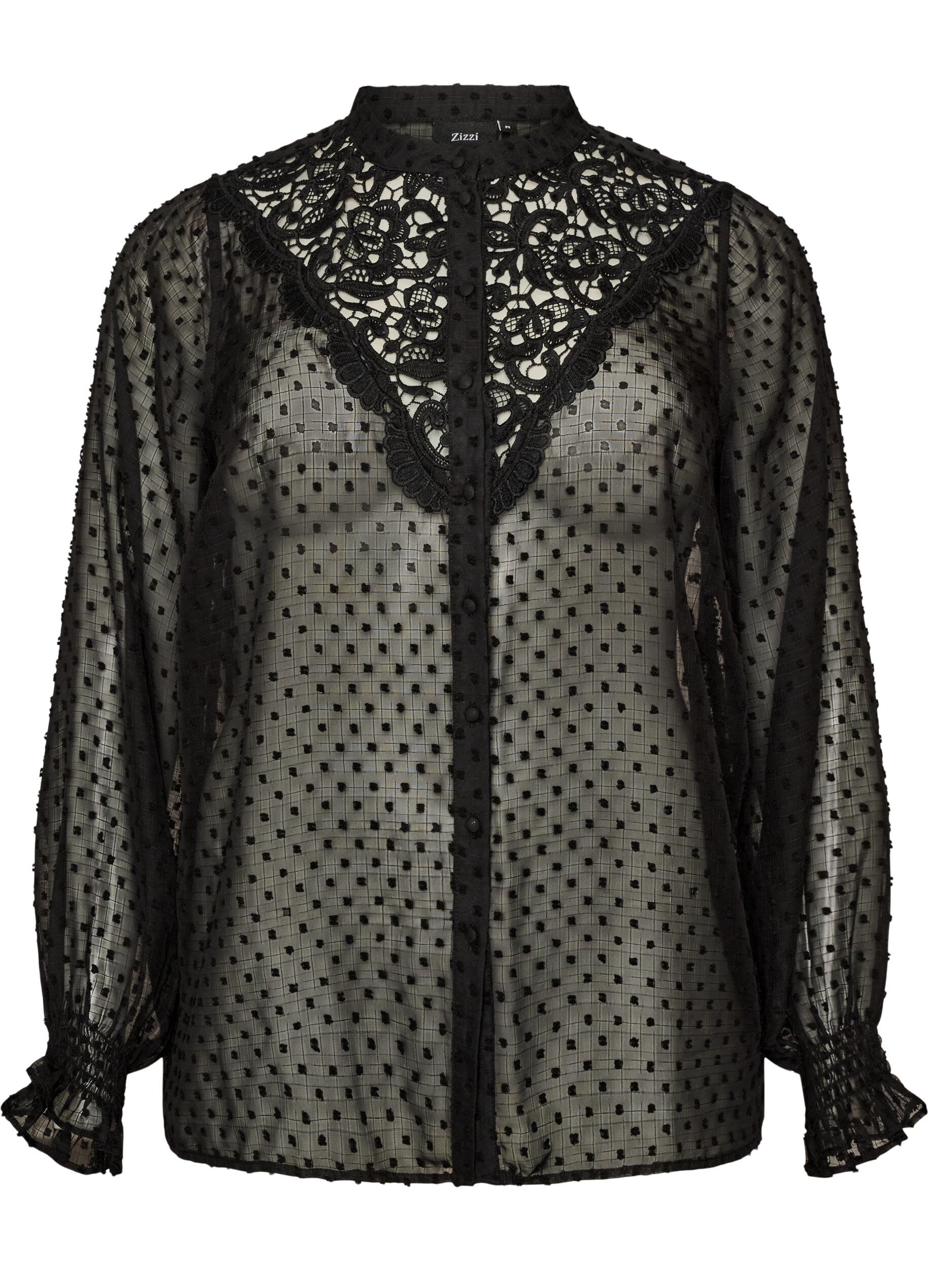 ZizziOverhemdblouse met kanten inzet en stippenpatroon, Zwart, Packshot image number 0