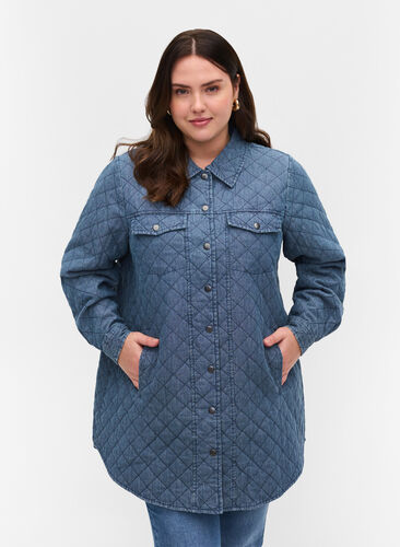 Gedessineerde jas met knopen en zakken, Blue denim, Model image number 0