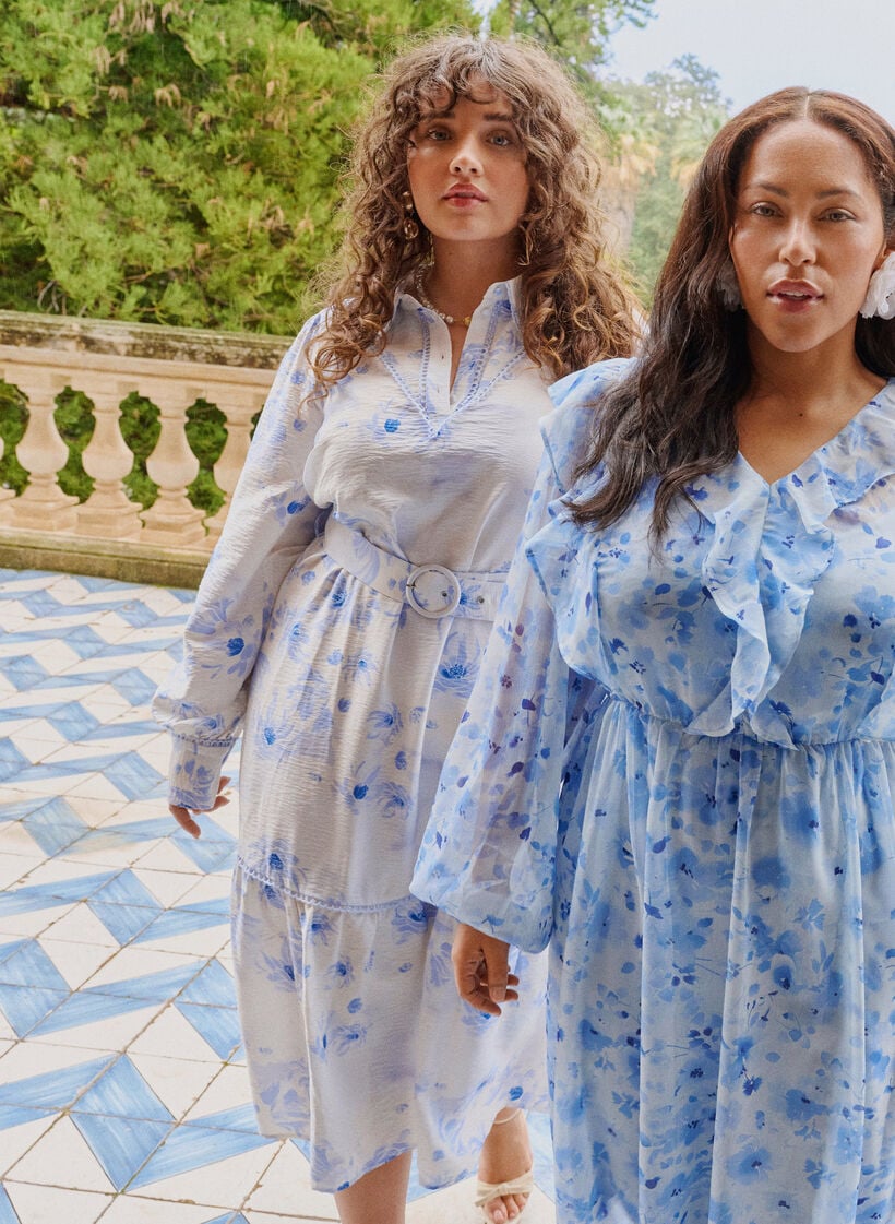 Floral midi-jurk met een riem en lange mouwen, Blauw, Image image number 0