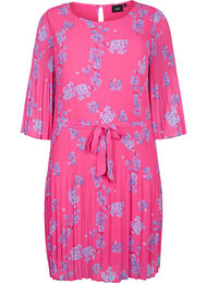 Bedrukte geplooide jurk met bindband, Beetroot Purple AOP