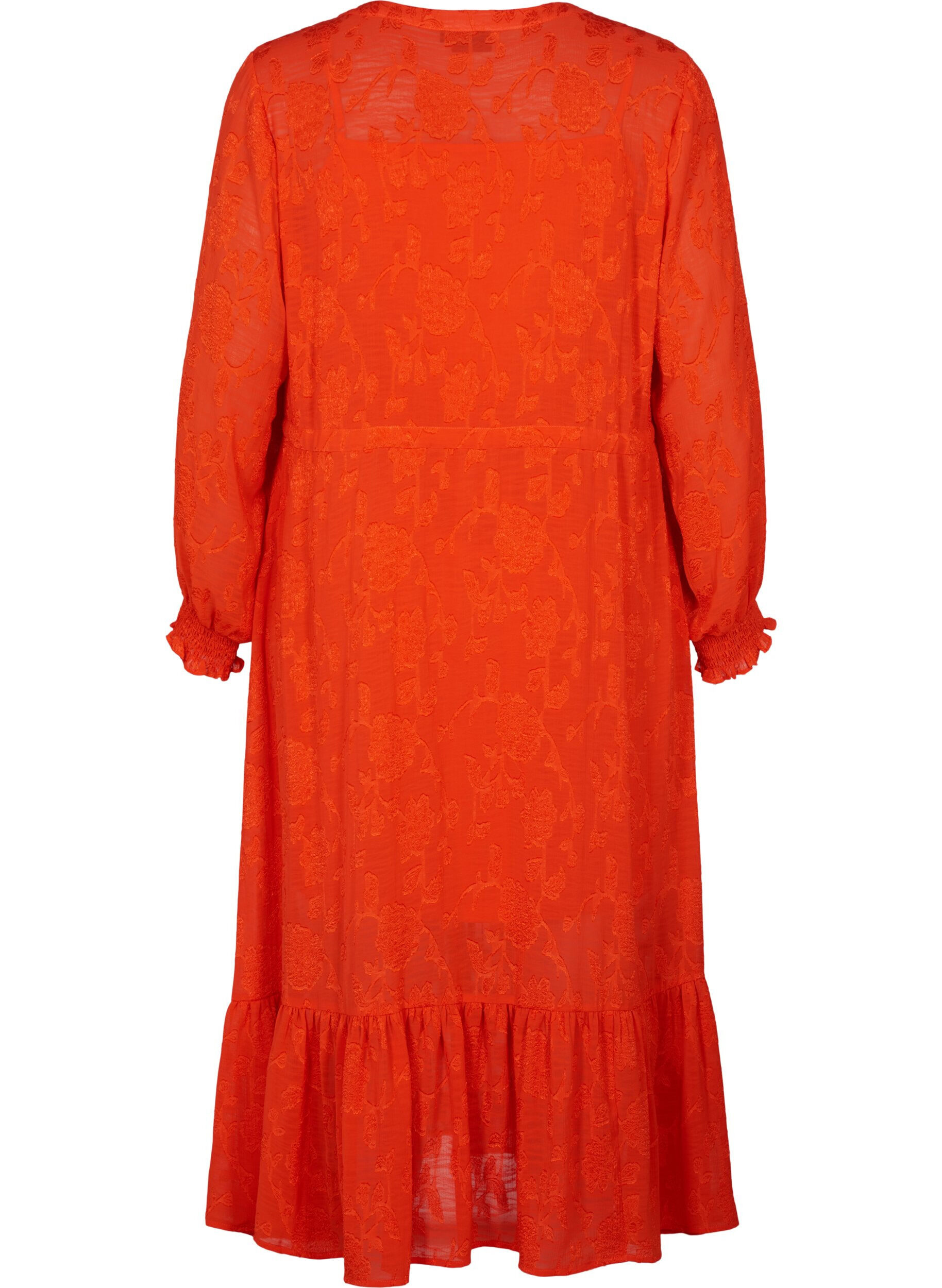 Zizzi Midi jurk in jacquard look en lange mouw, Orange.com, Packshot image number 1