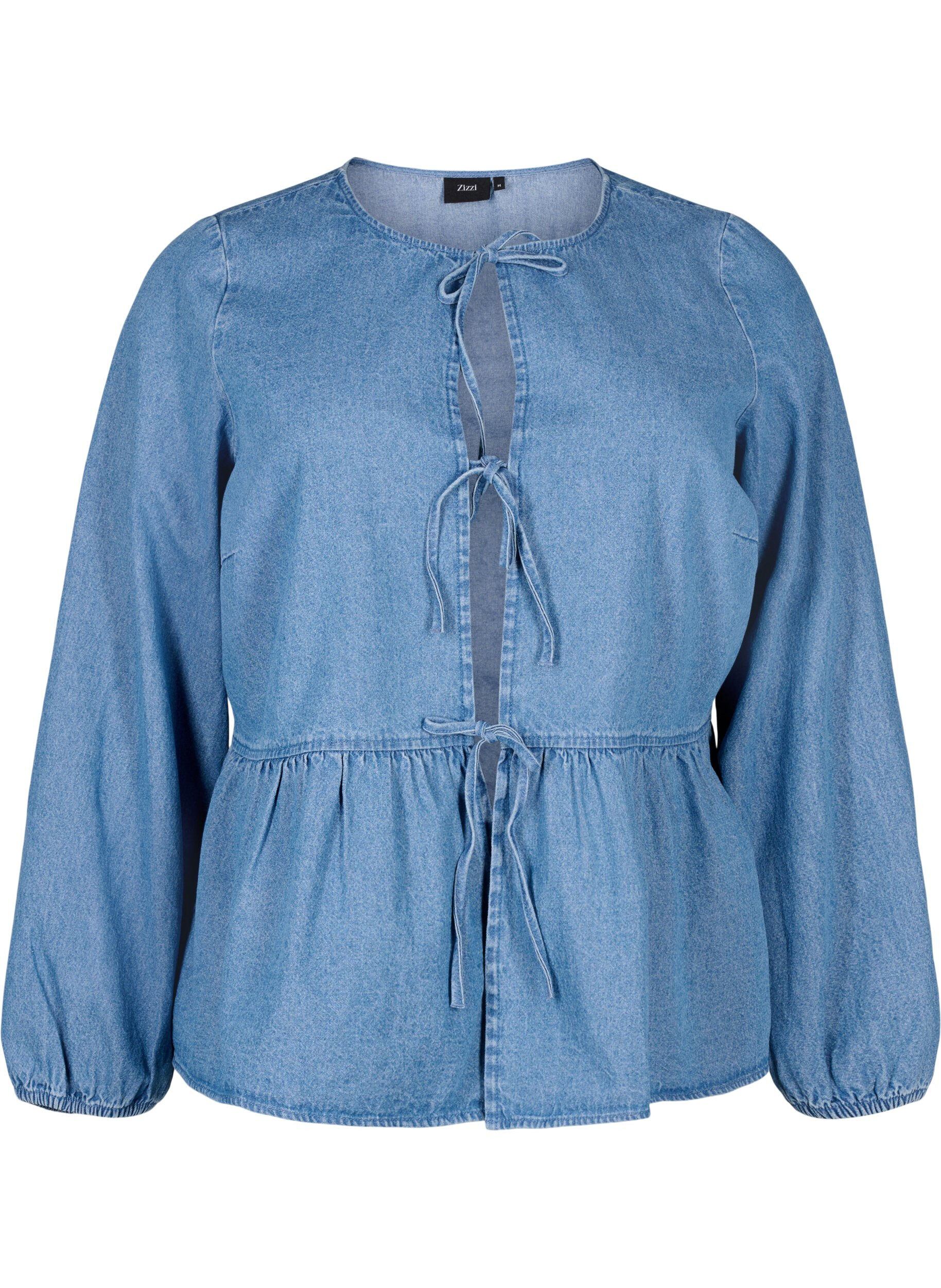 Zizzi Denim peplum blouse met striksluiting, Light Blue Denim, Packshot image number 0