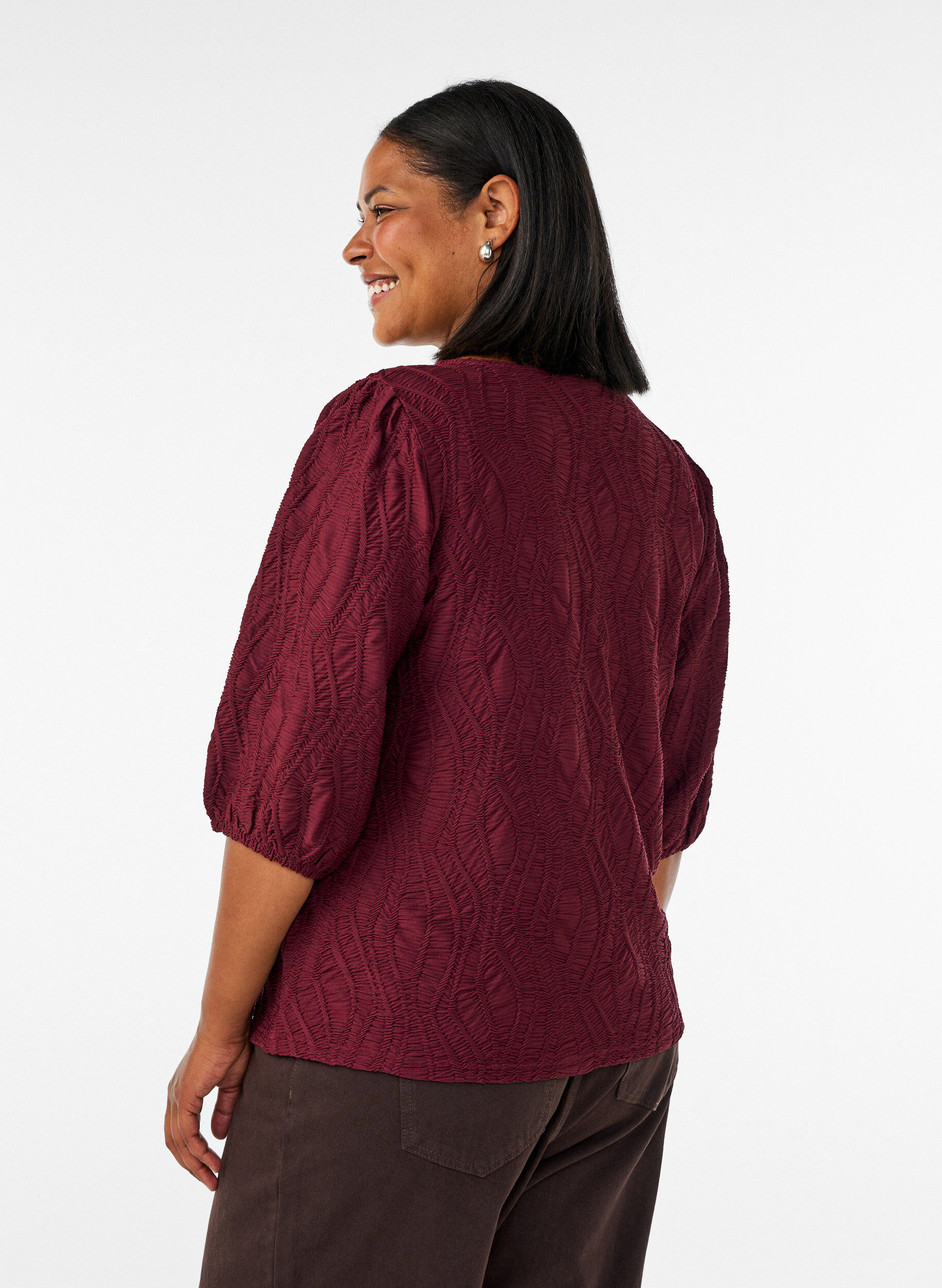 ZizziBlouse met textuur en 3/4 mouwen, Rood, Model image number 2