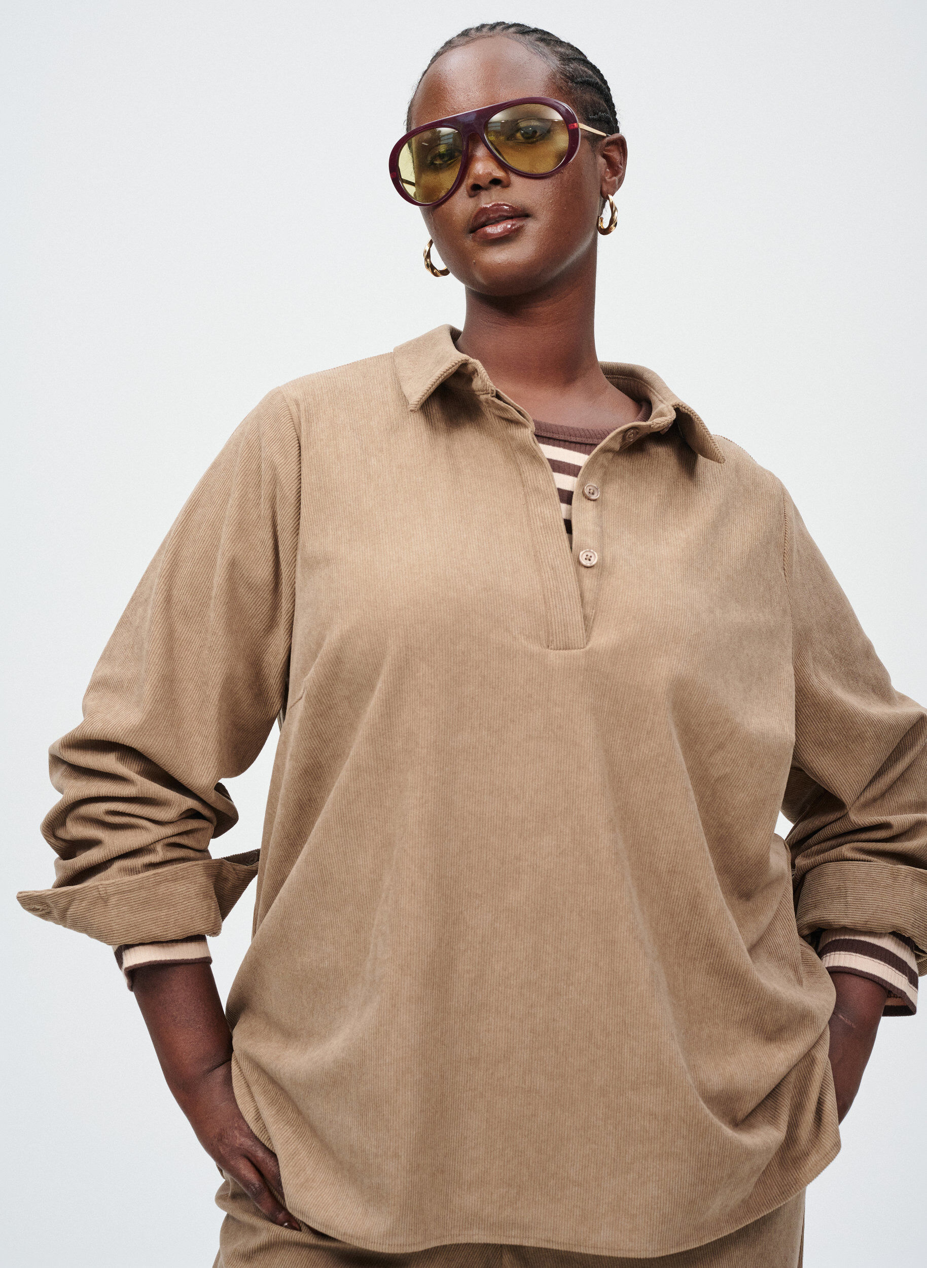 Zizzi Overhemdblouse met lange mouwen in corduroy, Bruin, Image image number 0