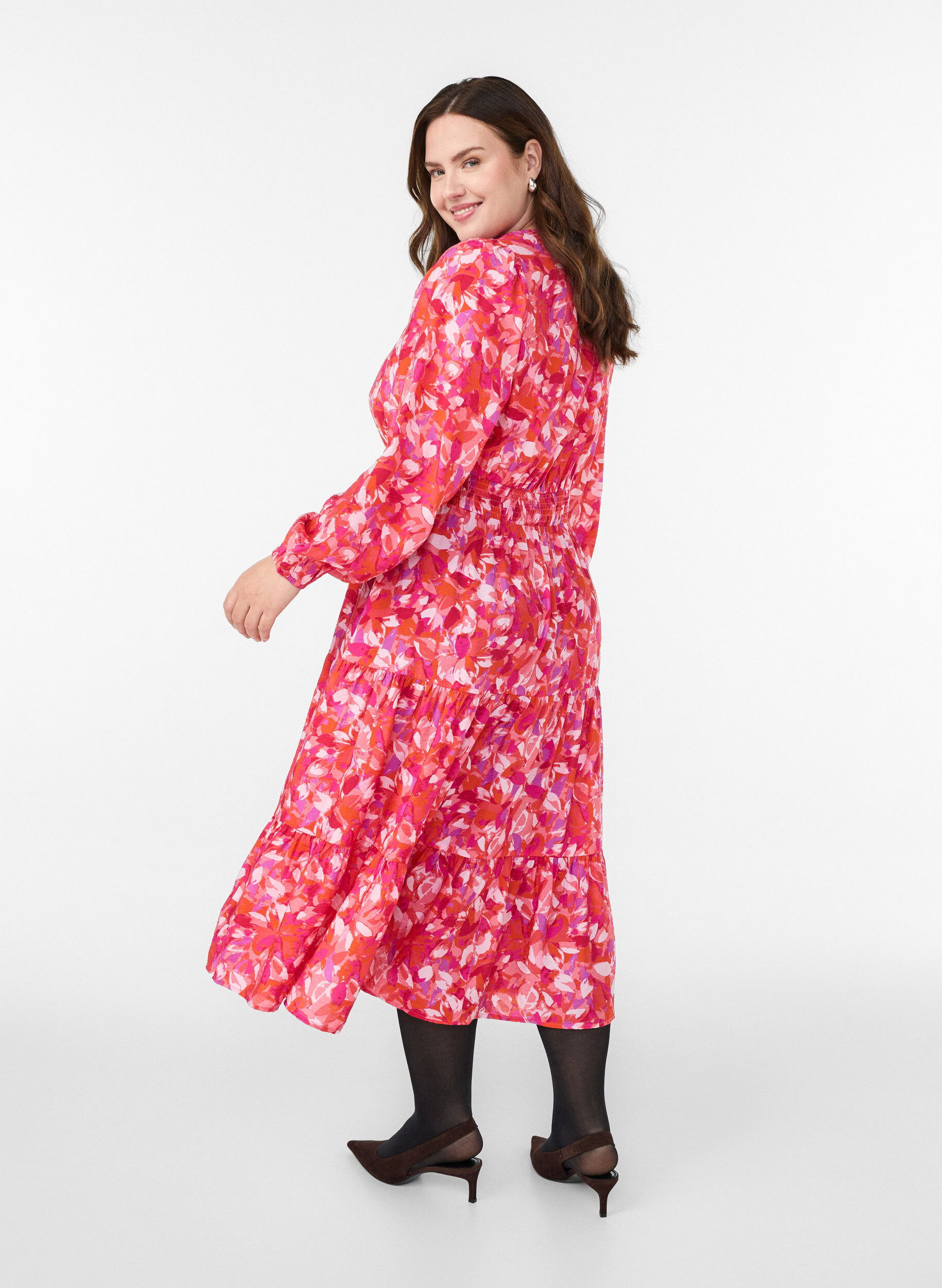 Zizzi Midi-jurk met kleurrijk bladerenpatroon, Roze, Model image number 2