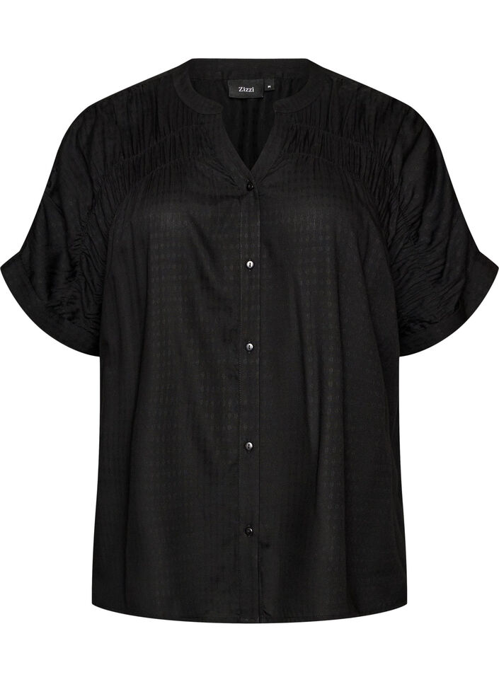 Viscose blouse met korte mouwen en rimpeldetail, Zwart, Packshot image number 0