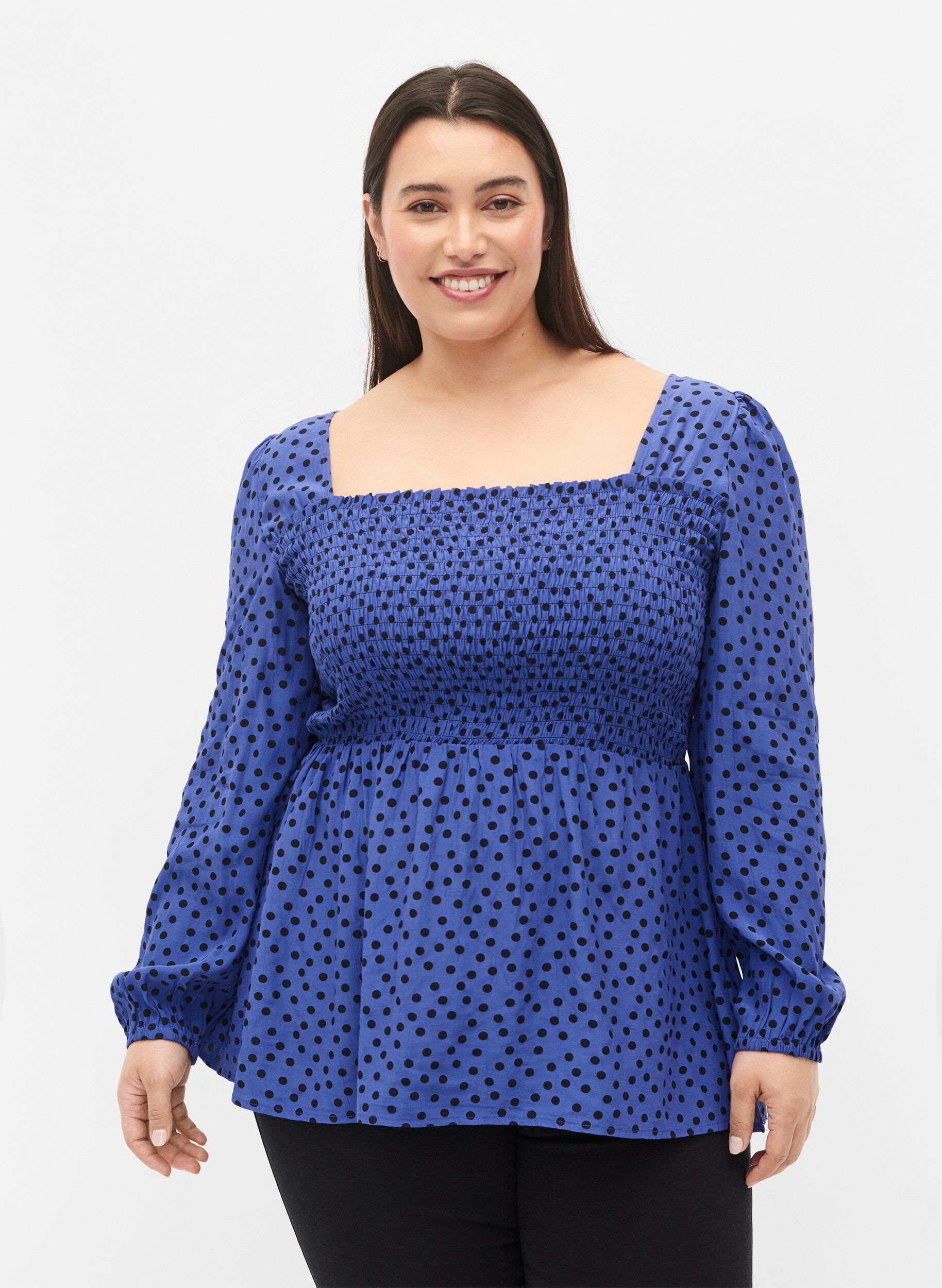 Zizzi Gestippelde viscose blouse met smok, R.Blue w. Black Dot, Model image number 0