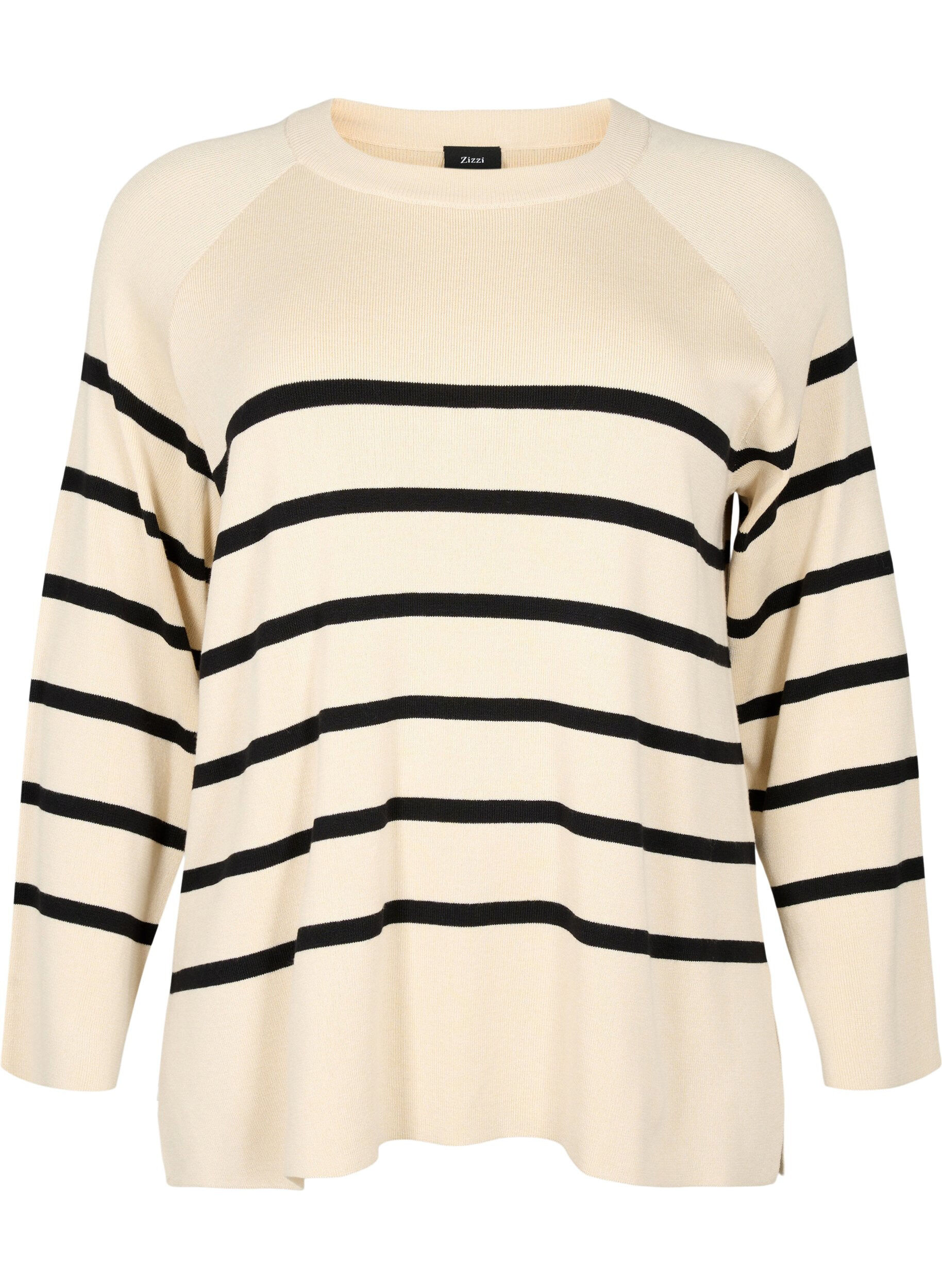 Zizzi Gestreepte Viscose Sweater, Sandshell/Black S., Packshot image number 0