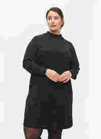 Effen jurk met v-hals en 3/4 mouwen, Black, Model