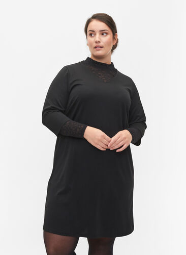 Effen jurk met v-hals en 3/4 mouwen, Black, Model image number 0