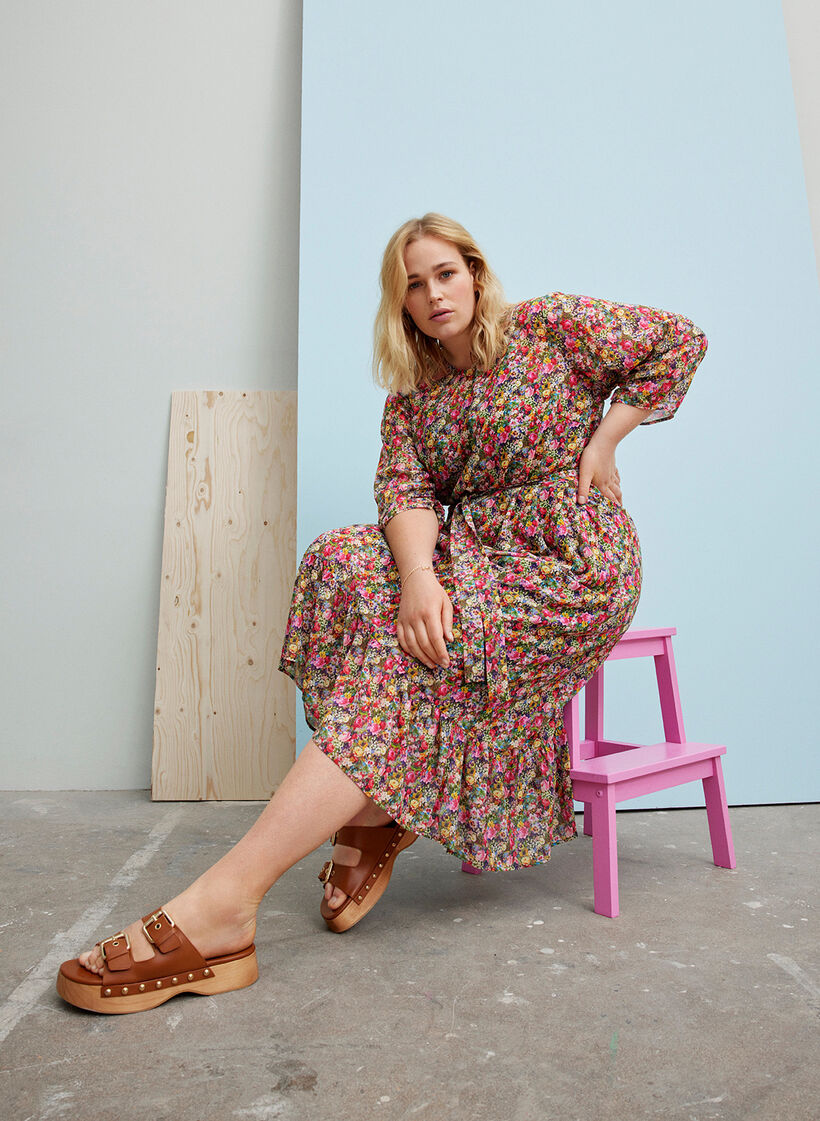 Gebloemde midi-jurk met striksluiting in de taille, Pink Flower AOP, Image image number 0