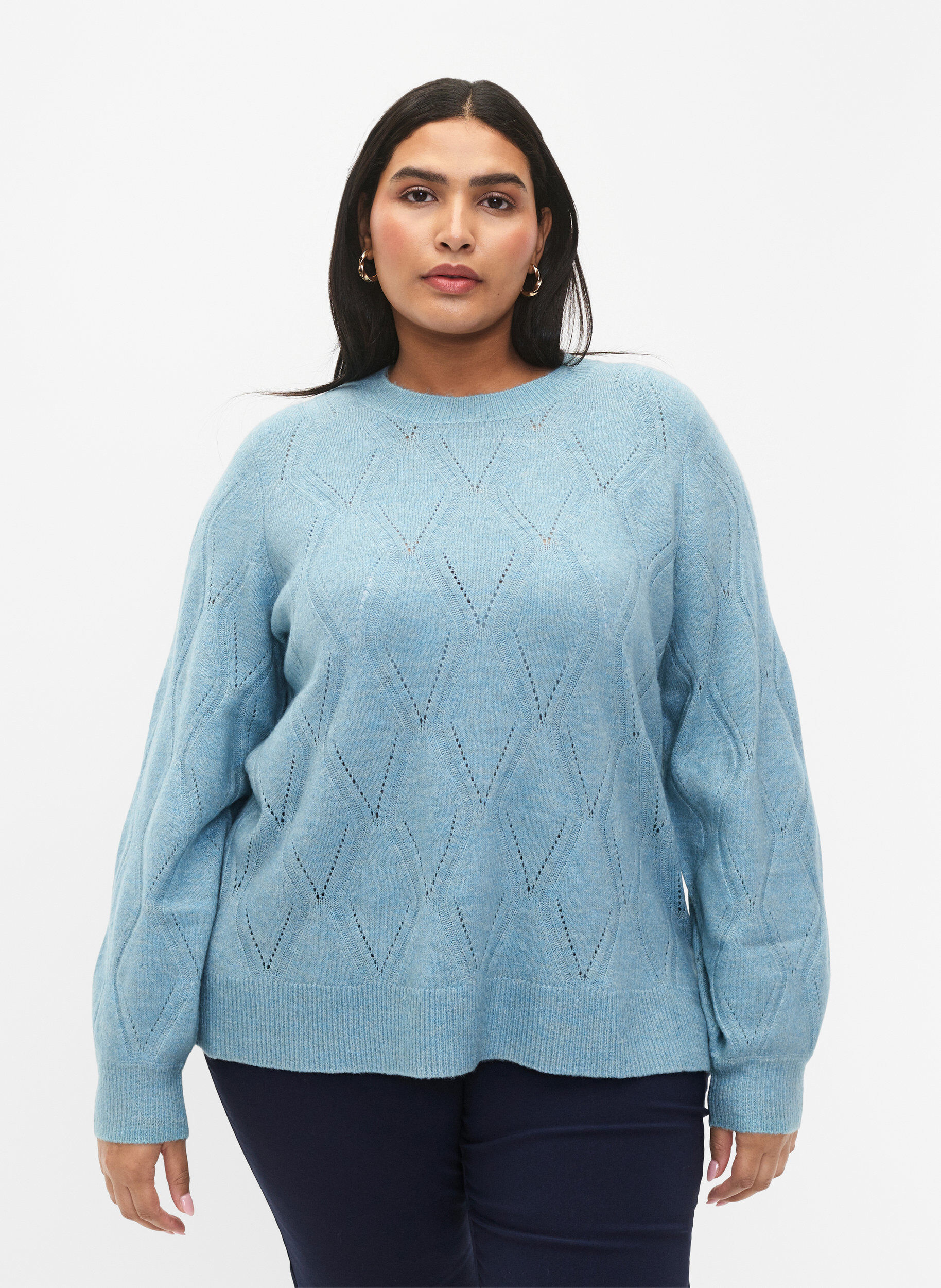 Zizzi Gebreide pullover met gaatjespatroon, Reef Waters Mel., Model image number 0