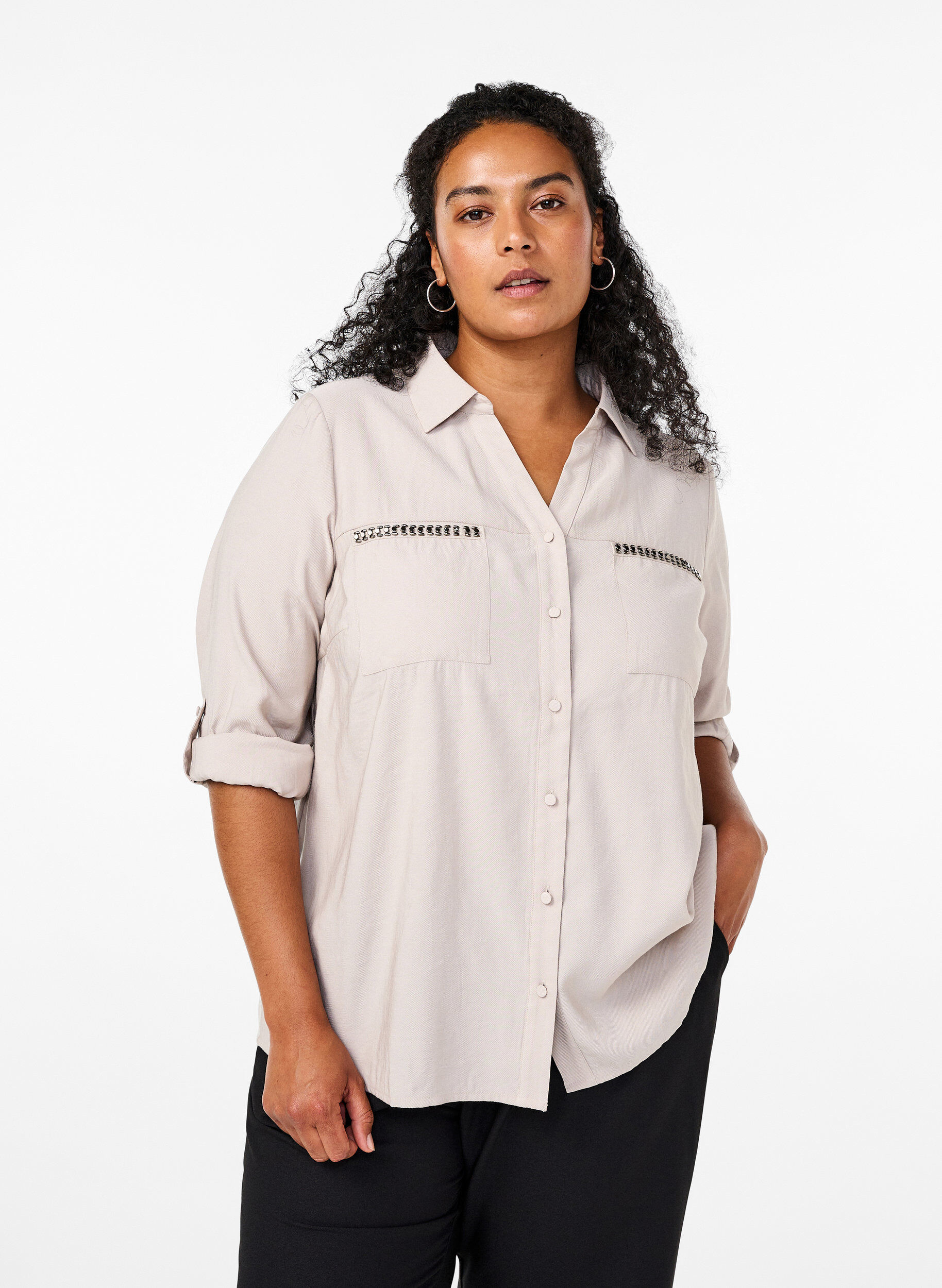 Zizzi Shirt met studs en 3/4 mouwen, Beige, Model image number 0