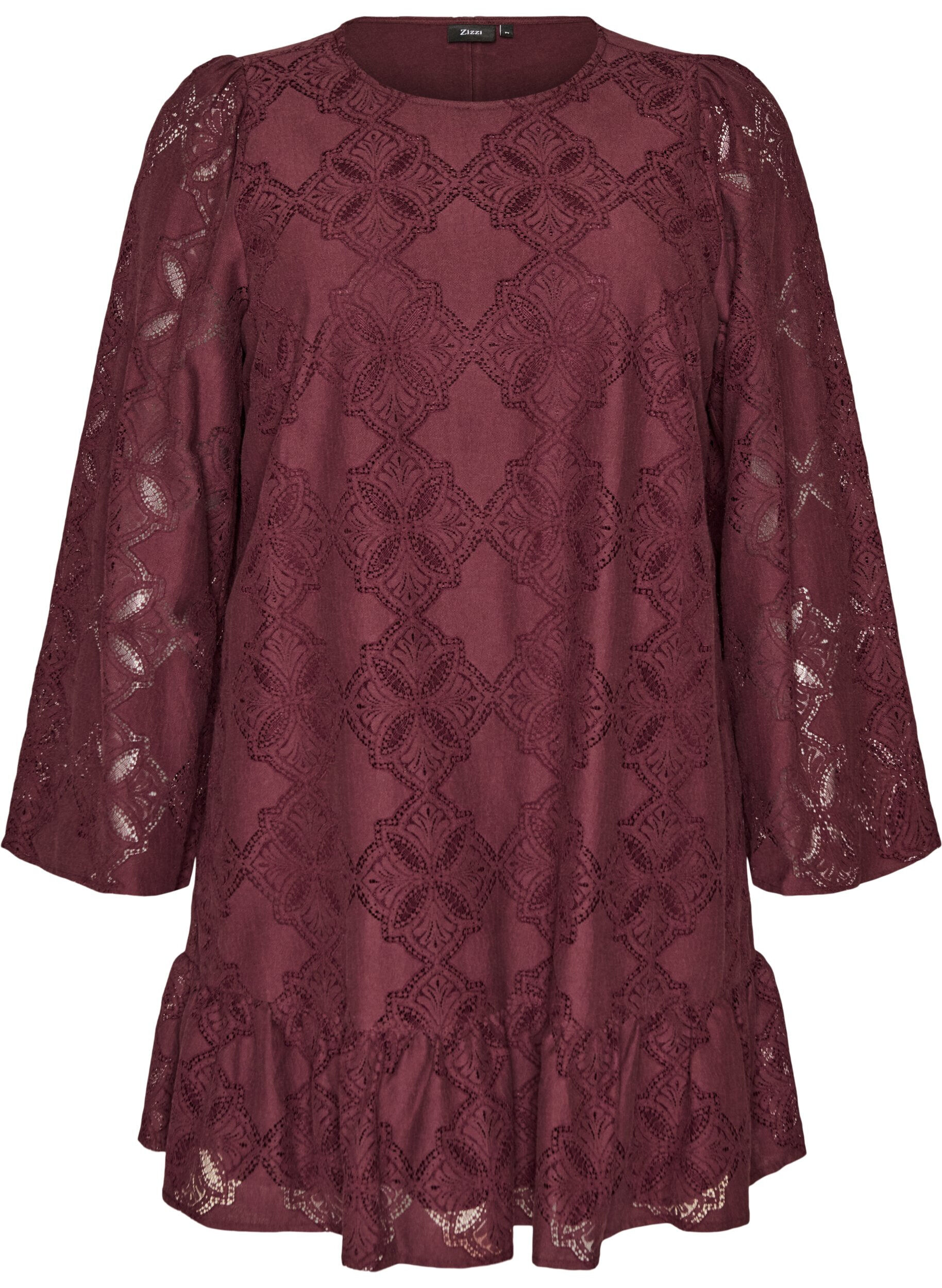 ZizziKanten jurk met lange mouwen en ruchezoom, Donker Bordeaux, Packshot image number 0