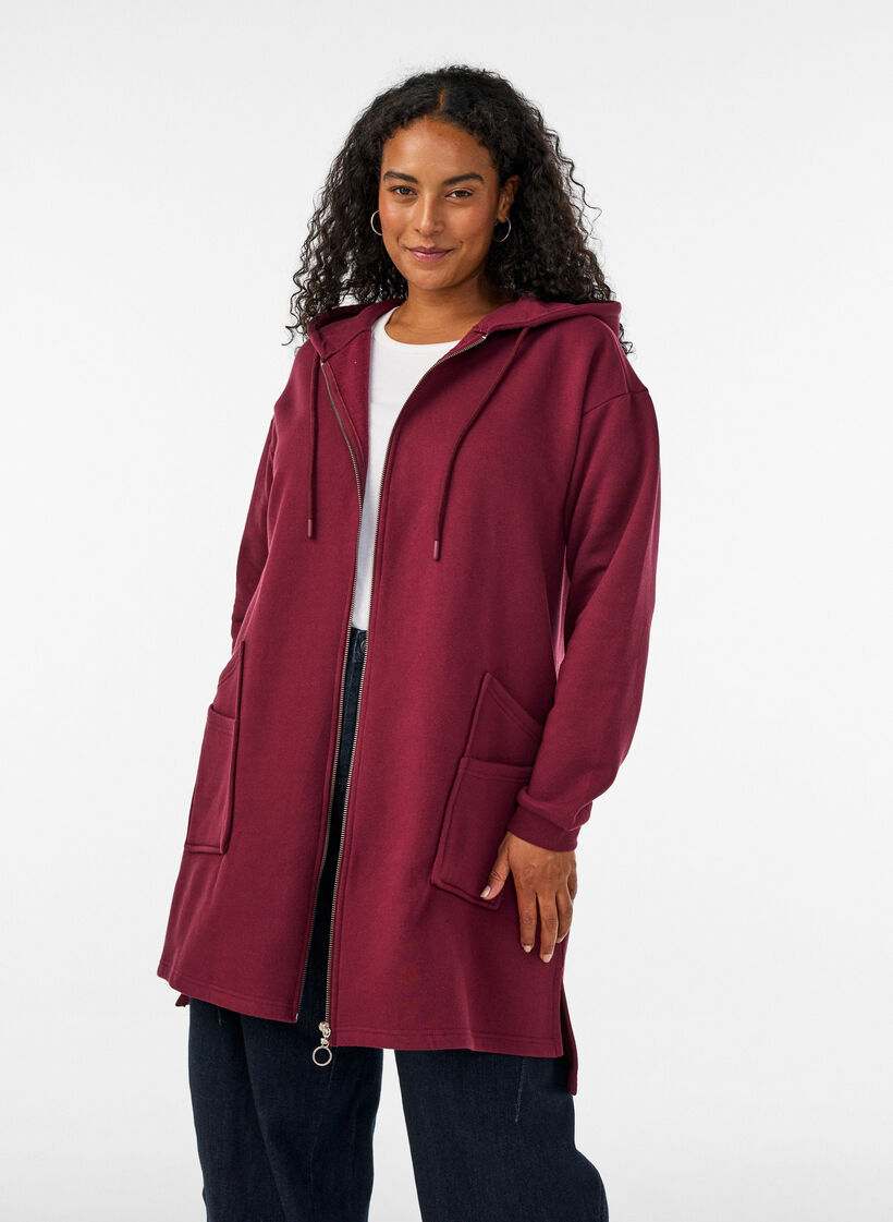 Lang vest met capuchon en ritssluiting, Rood, Model image number 0