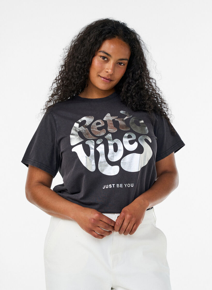 Grafisch T-shirt van biologisch katoen, Zwart, Model image number 0