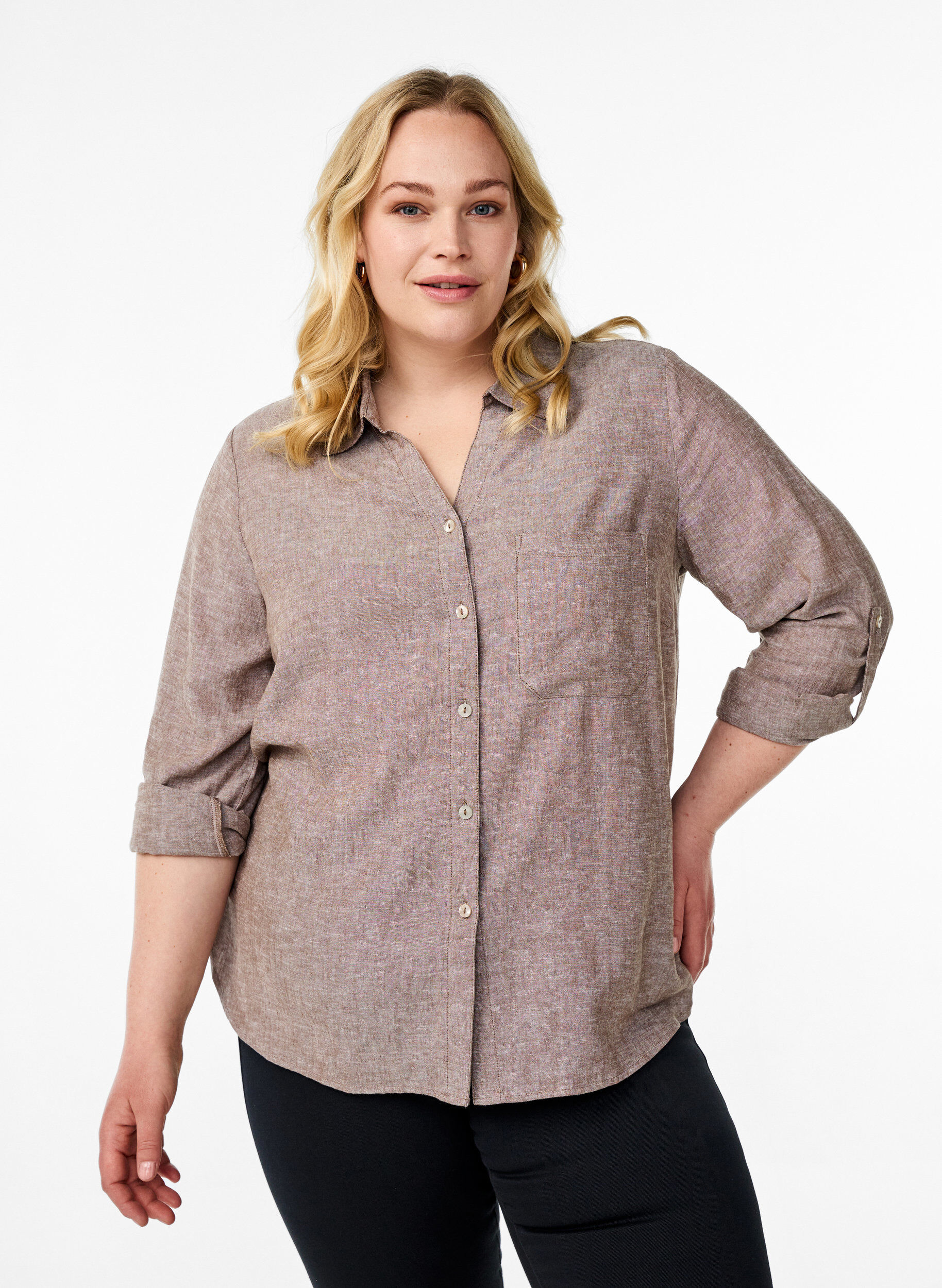 Linnen en viscose shirt met 3/4 mouwen, Bruin, Model