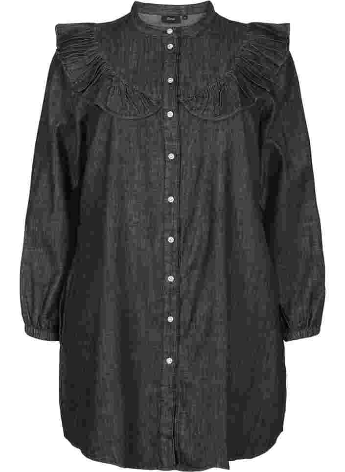 Denim jurk met imitatie knopen en ruches, Black Washed, Packshot image number 0