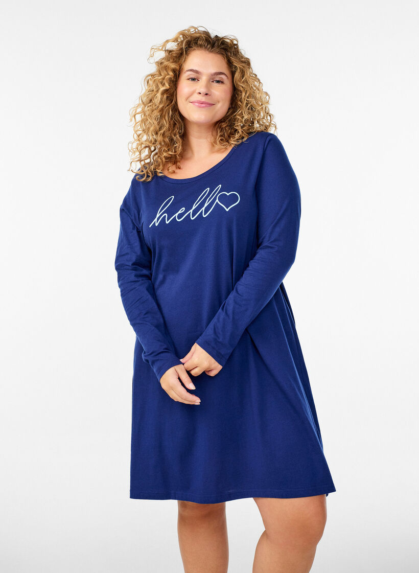 Nachthemd met lange mouwen in biologisch katoen, Blauw, Model image number 0