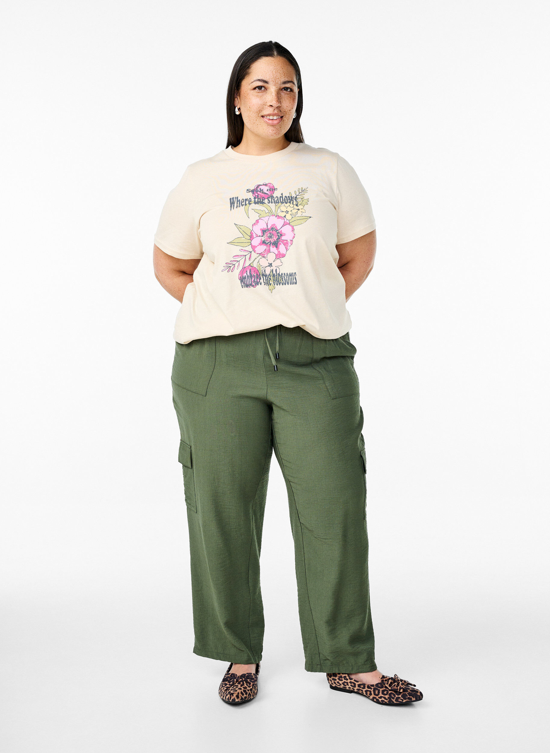 Zizzi Katoenen T-shirt met print, Beige, Model image number 1