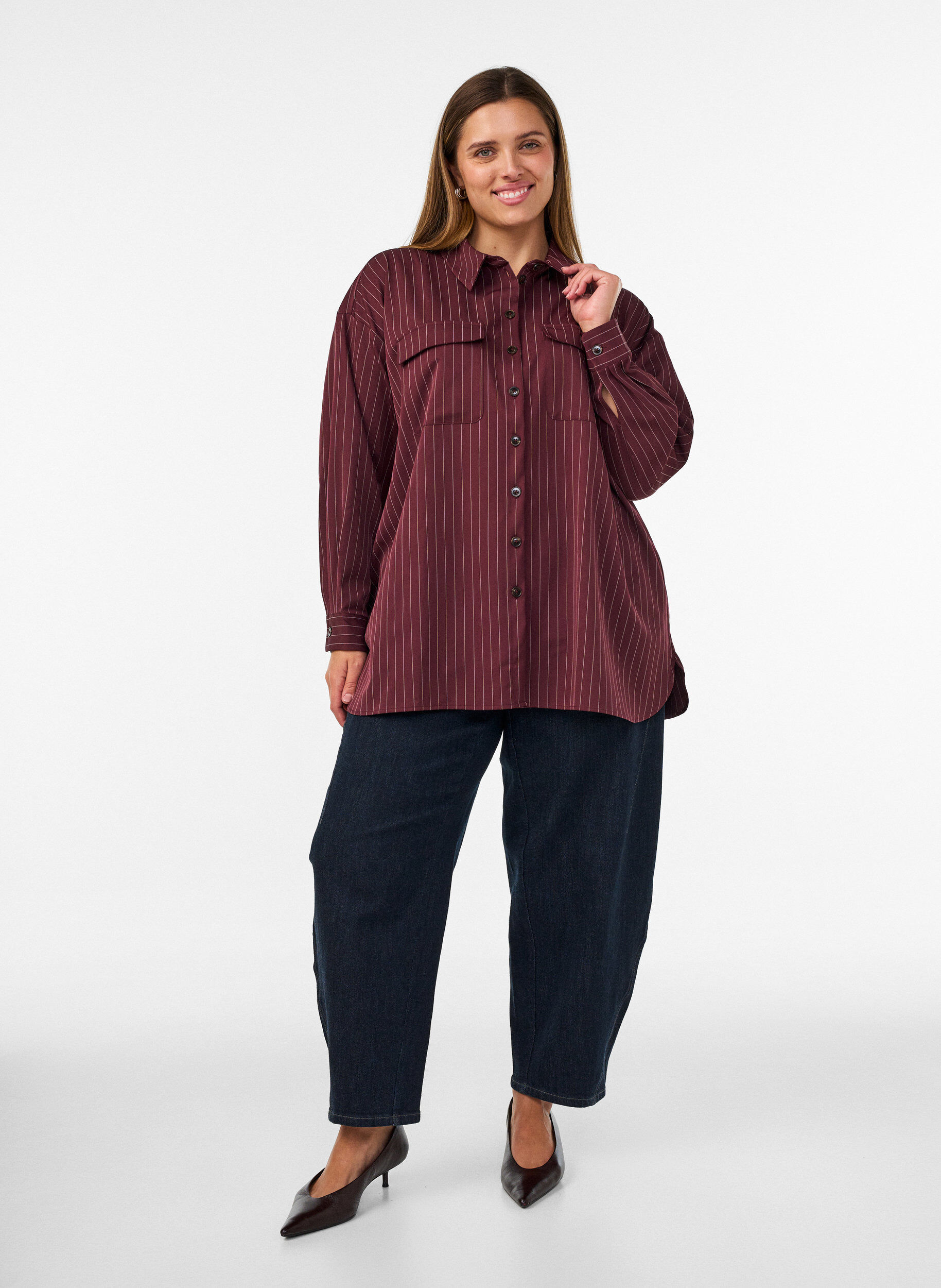 ZizziGestreept overhemd met borstzakken, Rood, Model image number 1