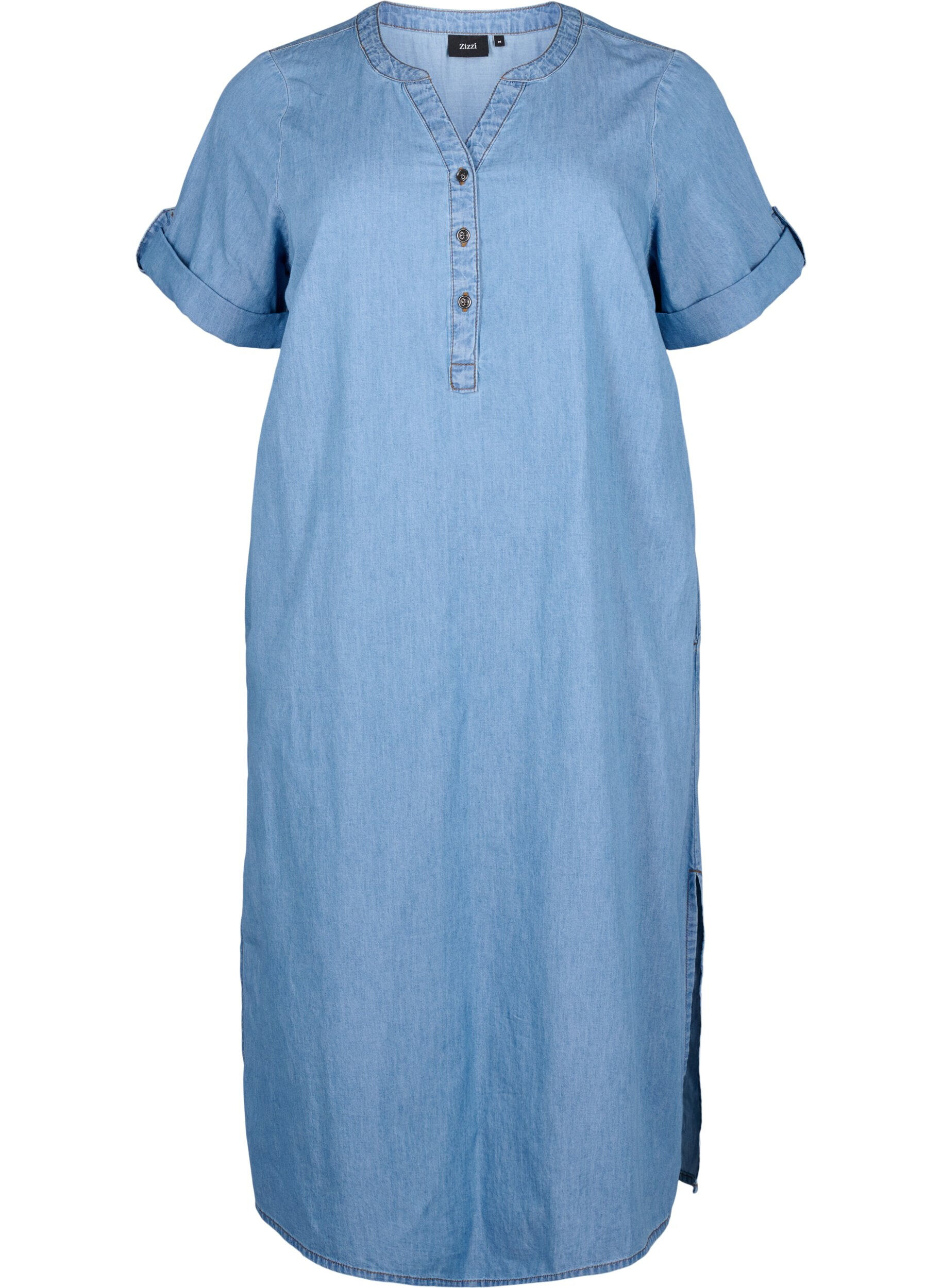Zizzi Denim jurk met split en korte mouwen, Blue denim, Packshot image number 0