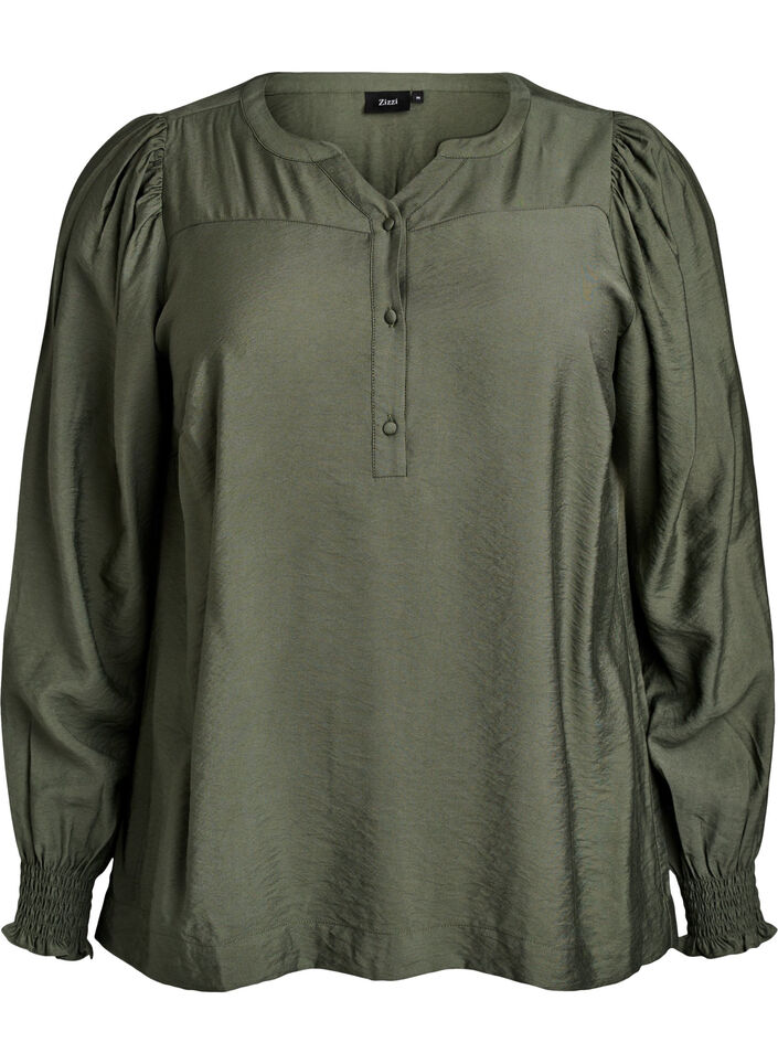 Viscose blouse met smock en geplooide details, Groen, Packshot image number 0
